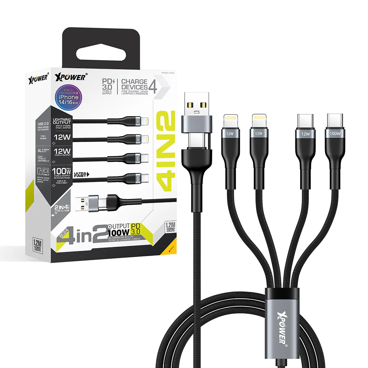 XPower 100W 1.2M 8in1 Aluminium Alloy Sync & Fast Charge Cable XPower 100W 1.2M 8in1 Aluminium Alloy Sync & Fast Charge Cable